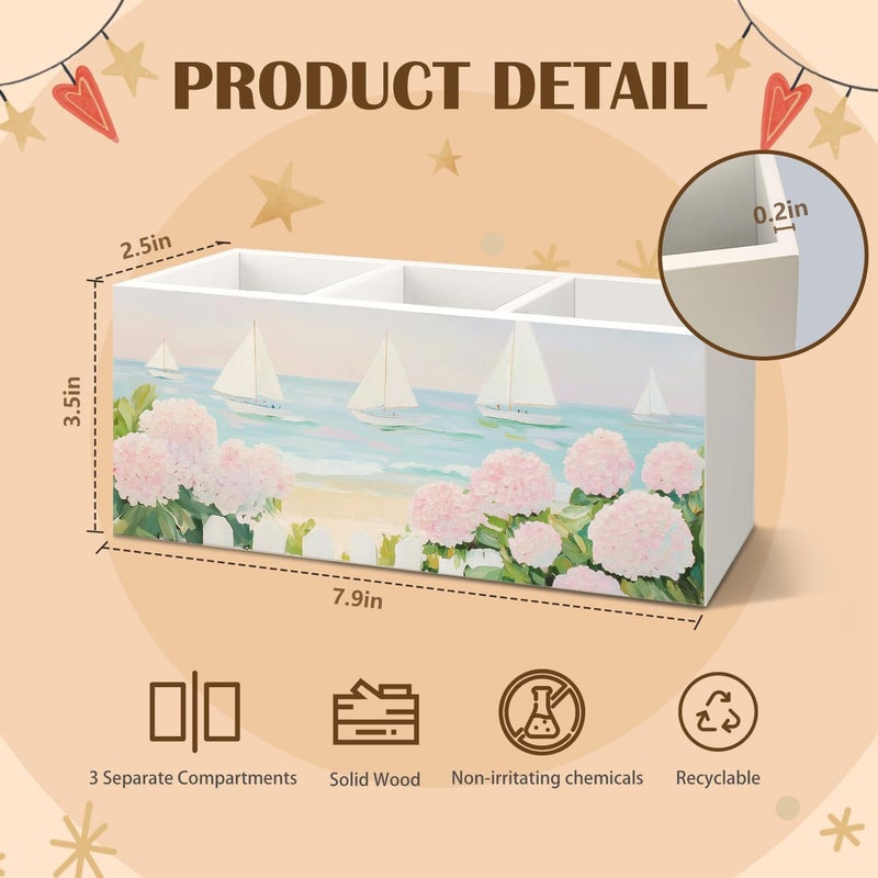KBRCT Pastel Pink Coastal Hydrangeas Wooden Utensils Holder, Aesthetic Beach Nautical Sailboat Seascape Wood Cooking Utensil Holder Organizer for Kitchen Countertop Counter Decor Accessories - Image 3